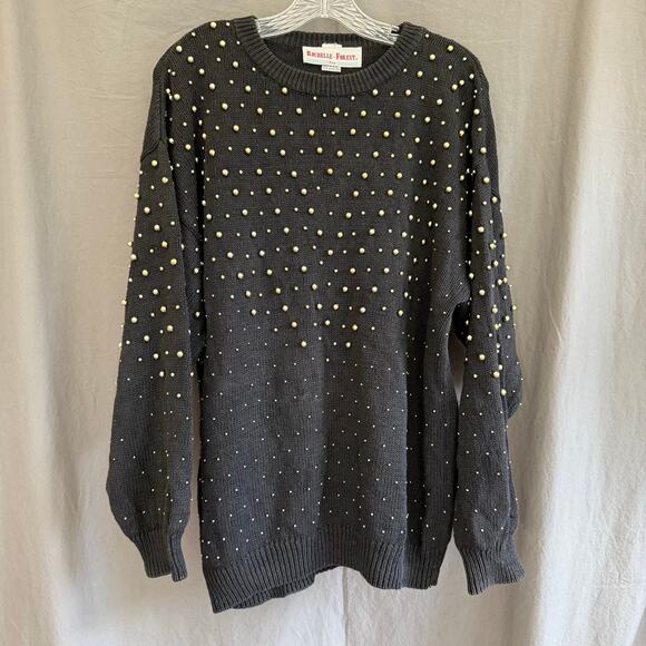 Vintage Rochelle-Forest Black Sweater Gold Stud Beads Ramie Cotton L - Picture 2 of 16